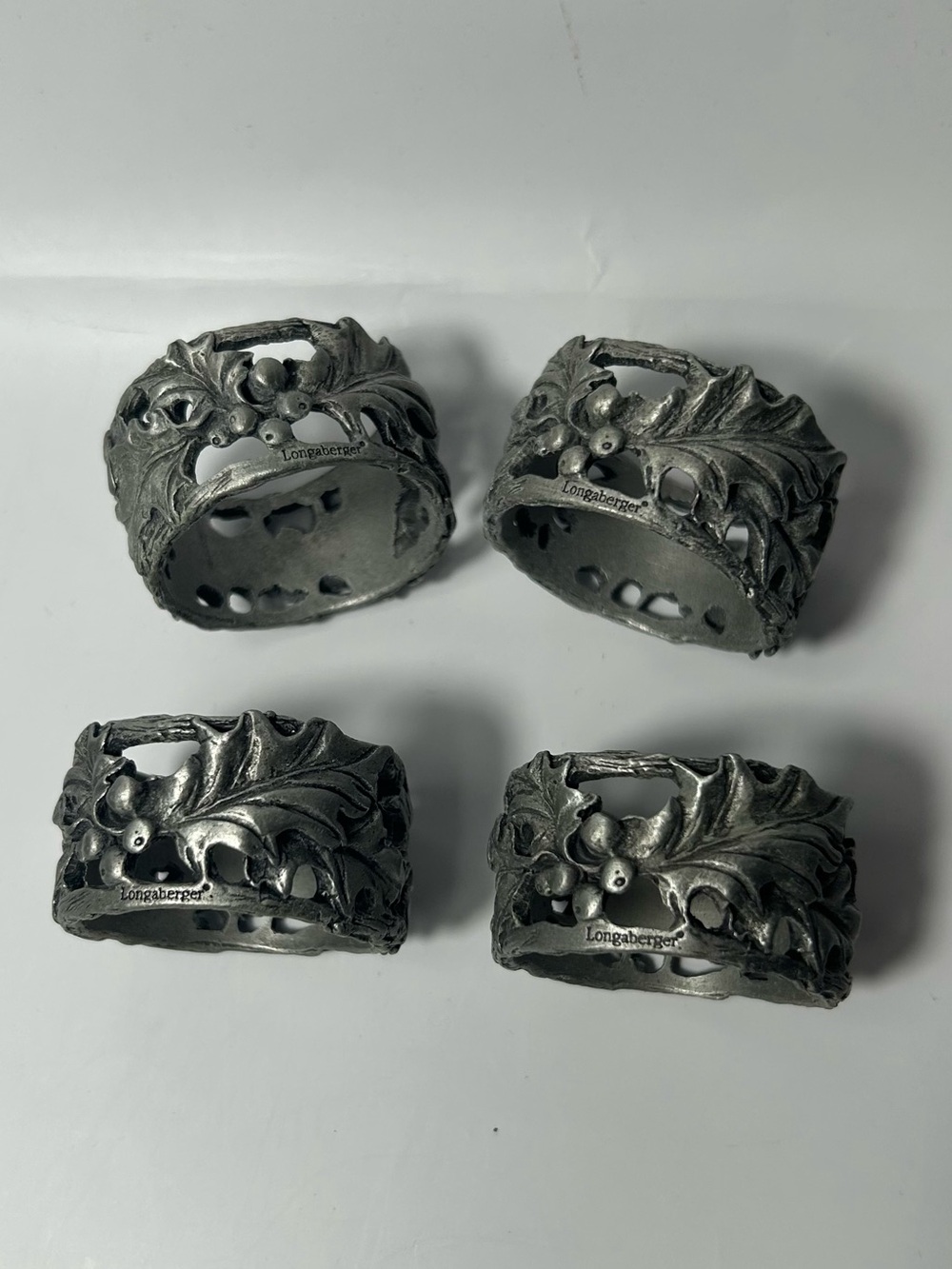 Longaberger Pewter Napkin Ring Holders 4 Engraved Floral Holly Leaves Berries